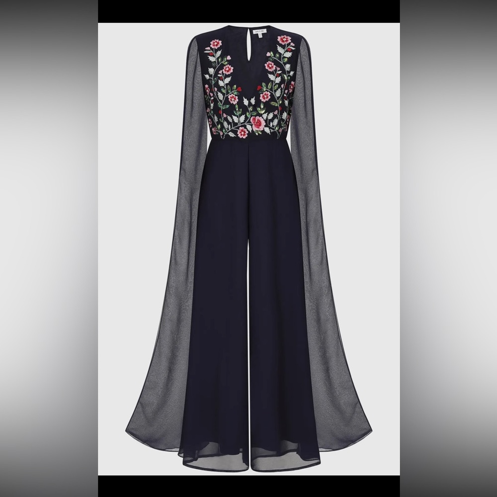 Embroidered Navy Wide-Leg Jumpsuit with Sheer Cape